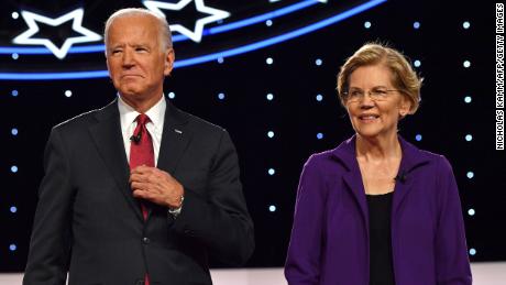 Biden dan Warren tiba di atas panggung untuk debat utama Demokrat keempat dari musim kampanye presiden 2020 yang diselenggarakan bersama oleh The New York Times dan CNN di Otterbein University di Westerville, Ohio pada 15 Oktober 2019. 