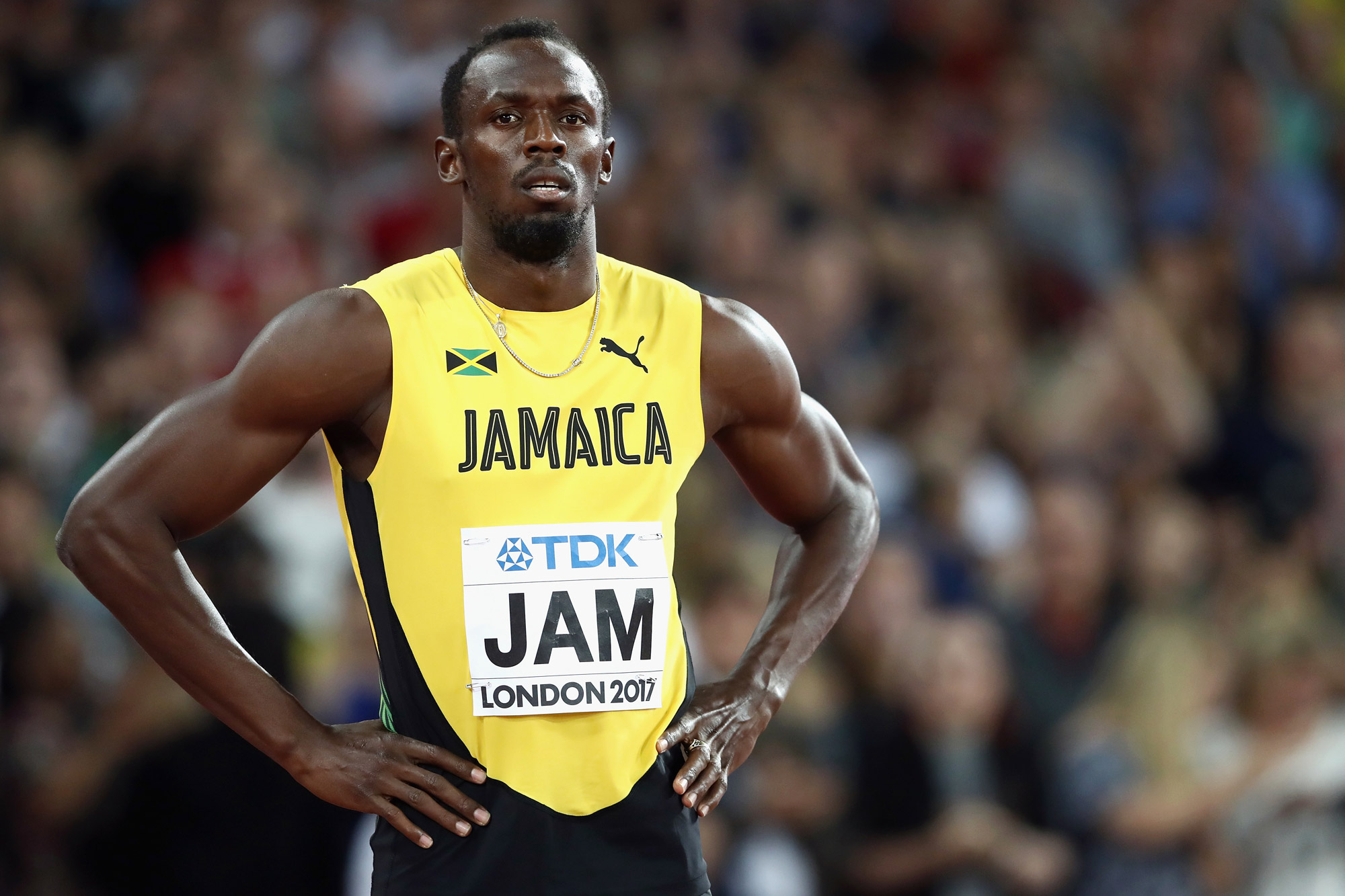 Usain Bolt bersiap untuk bersaing selama Kejuaraan Atletik Dunia IAAF ke-16 London 2017 di The London Stadium pada 12 Agustus 2017 di London. 